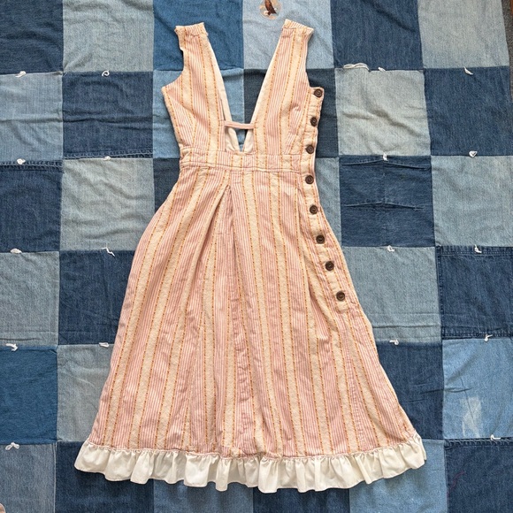 vtg 70s dress ruffle hem deep vneck striped embroidered pink cream green - Picture 2 of 11